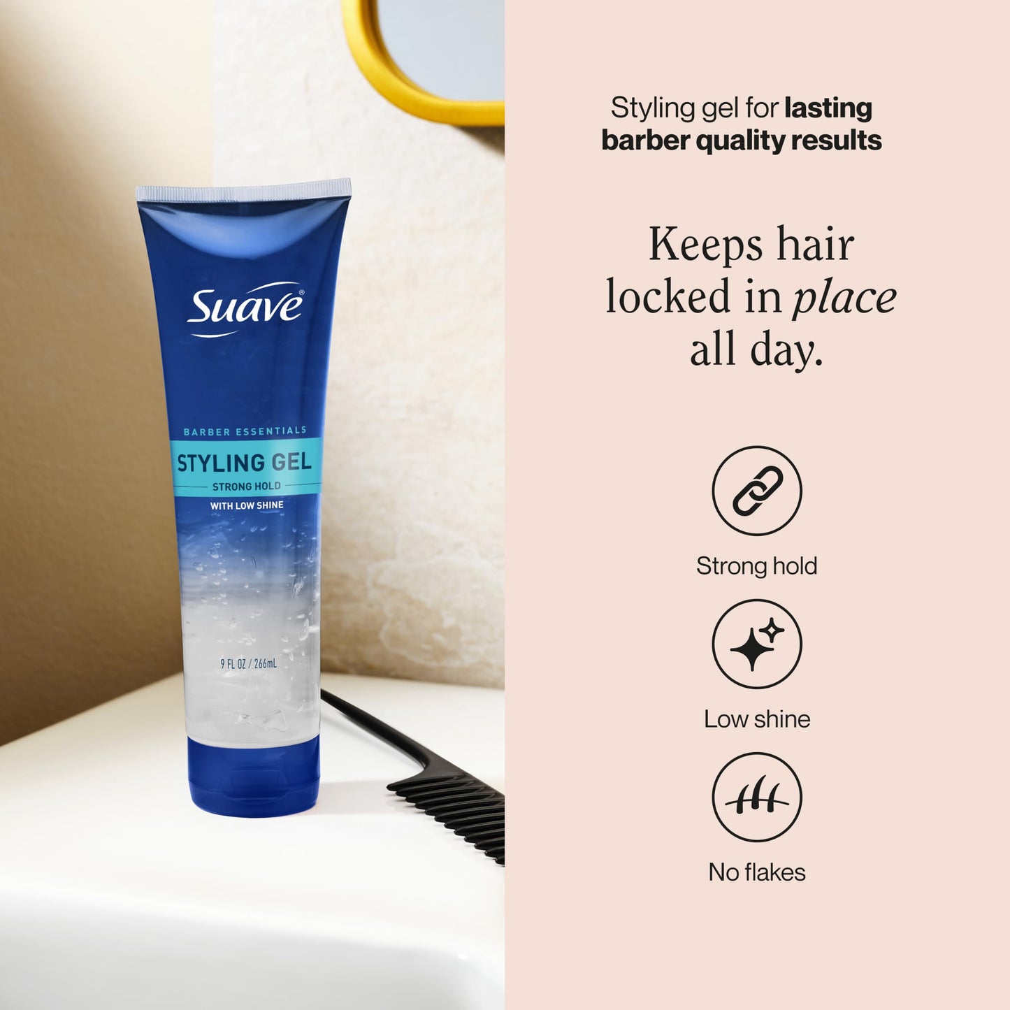 Suave Barber Essentials Styling Gel for Men, Strong Hold and Low Shine, No Flakes, Barber-Quality Results, 9 oz