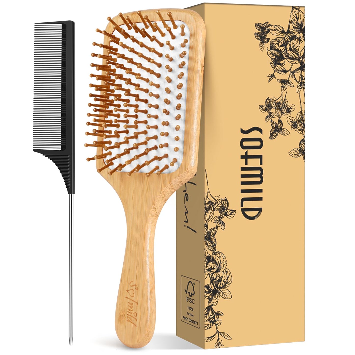 Hair Brush-Natural Wooden Bamboo Brush and Detangle Tail Comb, Paddle Hairbrush for Women Men and Kids Make Thin Long Curly Hair Health and Massage