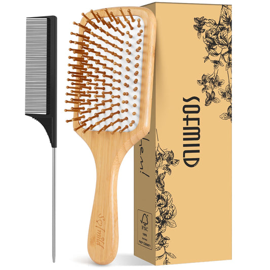 Hair Brush-Natural Wooden Bamboo Brush and Detangle Tail Comb, Paddle Hairbrush for Women Men and Kids Make Thin Long Curly Hair Health and Massage
