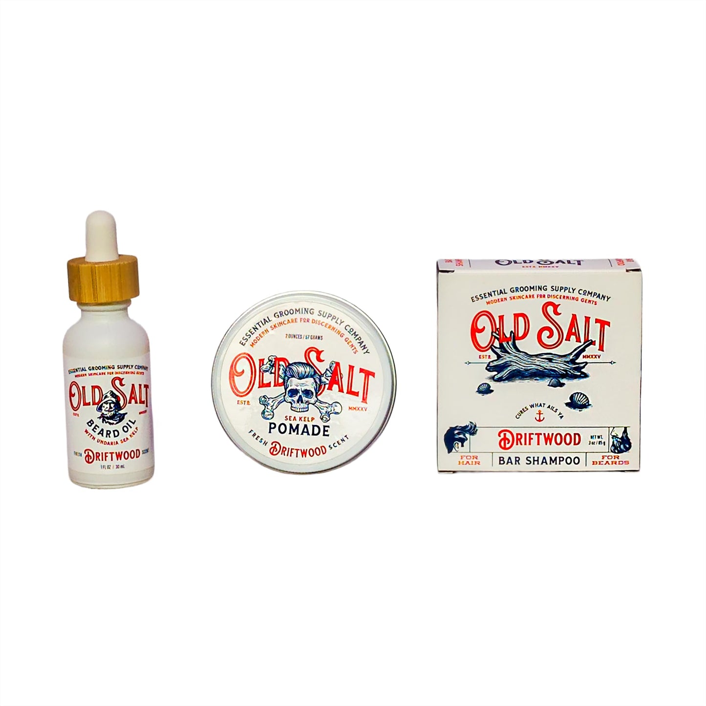 Driftwood Trio - Old Salt Grooming Supply - Beard Oil, Pomade and Bar Shampoo Set with Sea Kelp - Handcrafted, Natural, No Harsh Chemicles
