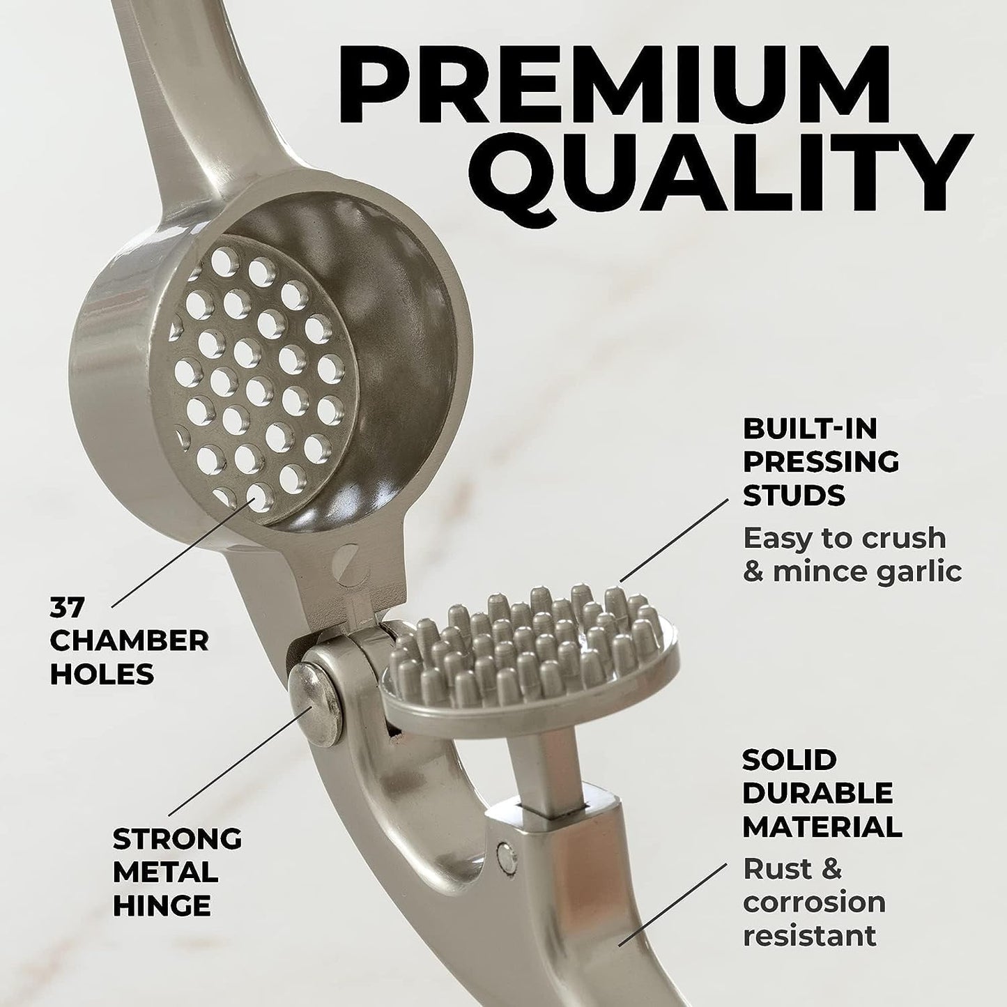 Zulay Kitchen Premium Garlic Press Set – Rustproof, Dishwasher Safe, Easy-Squeeze with Ergonomic Handle, Silicone Peeler & Brush, Silver