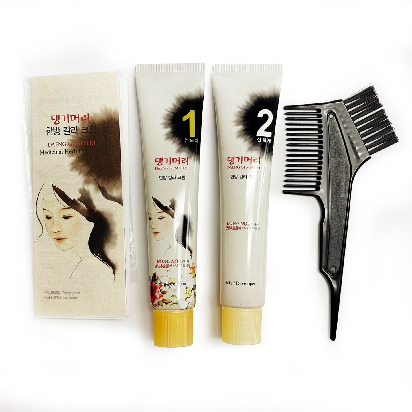 Daeng Gi Meo Ri - Korean Herbal Hair Dye Color Cream [Medium Brown] (2 PACK) - PPD-Free Gray Coverage, Hair Protection, High-Keratin Formula, 5 Oz