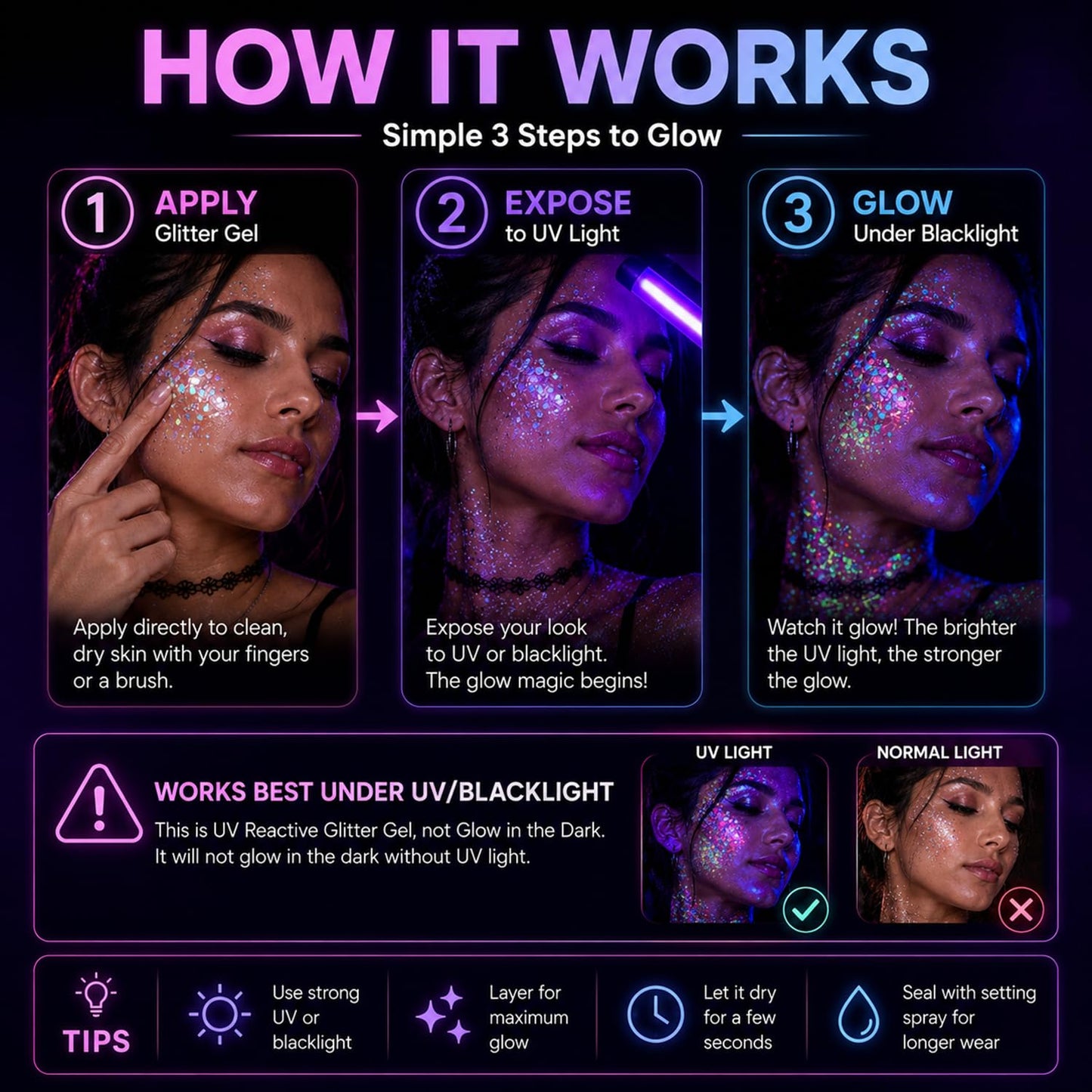 FindinBeauty 12 Colors Glow in the Dark Glitter Gel, UV Blacklight Reactive Face & Body Glitter, No Glue Needed, Cosmetic Grade for Eyes, Hair