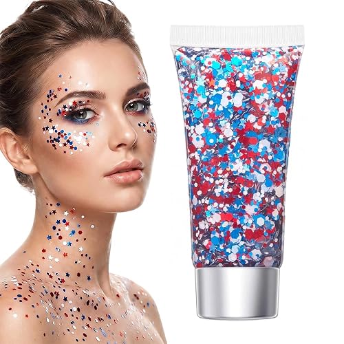 Red White Blue Hair Glitter Stick, 2026 New Patriotic USA Flag Star Chunky Face Body Outfits Sparkle Patriotic Pride Glitter for Soccer President's