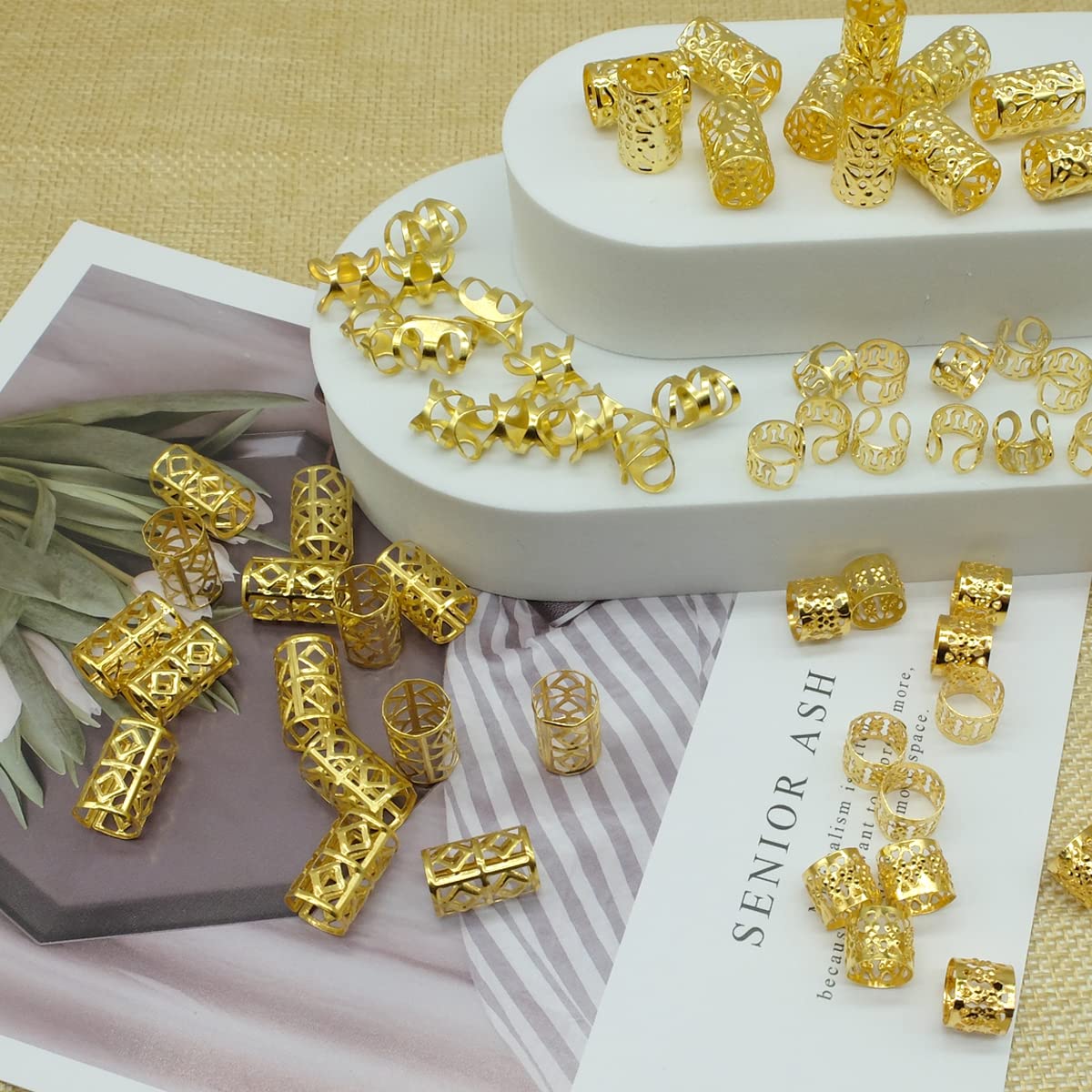 LEILEIXI 100 PCS Gold Dreadlock Locs Accessories for Hair, Hair Jewelry for Braids Hair Rings for Women and Girls, Adjustable Cuffs Braiding Hair