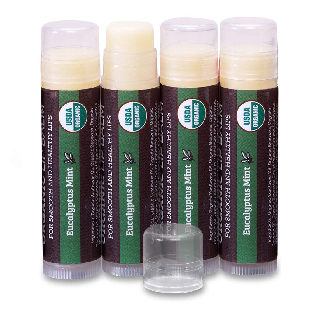 Earth's Daughter USDA Organic Lip Balm Stocking Stuffers 4-Pack Eucalyptus Mint Flavor - Beeswax, Coconut Oil, Vitamin E - Best Lip Repair Chapstick