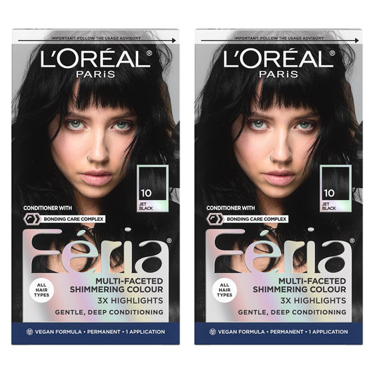 L'Oreal Paris Feria Multi-Faceted Shimmering Permanent Hair Color, High Intensity Hair Dye for 3X Highlights, 10 Jet Black, 1 Kit (Pack of 2)