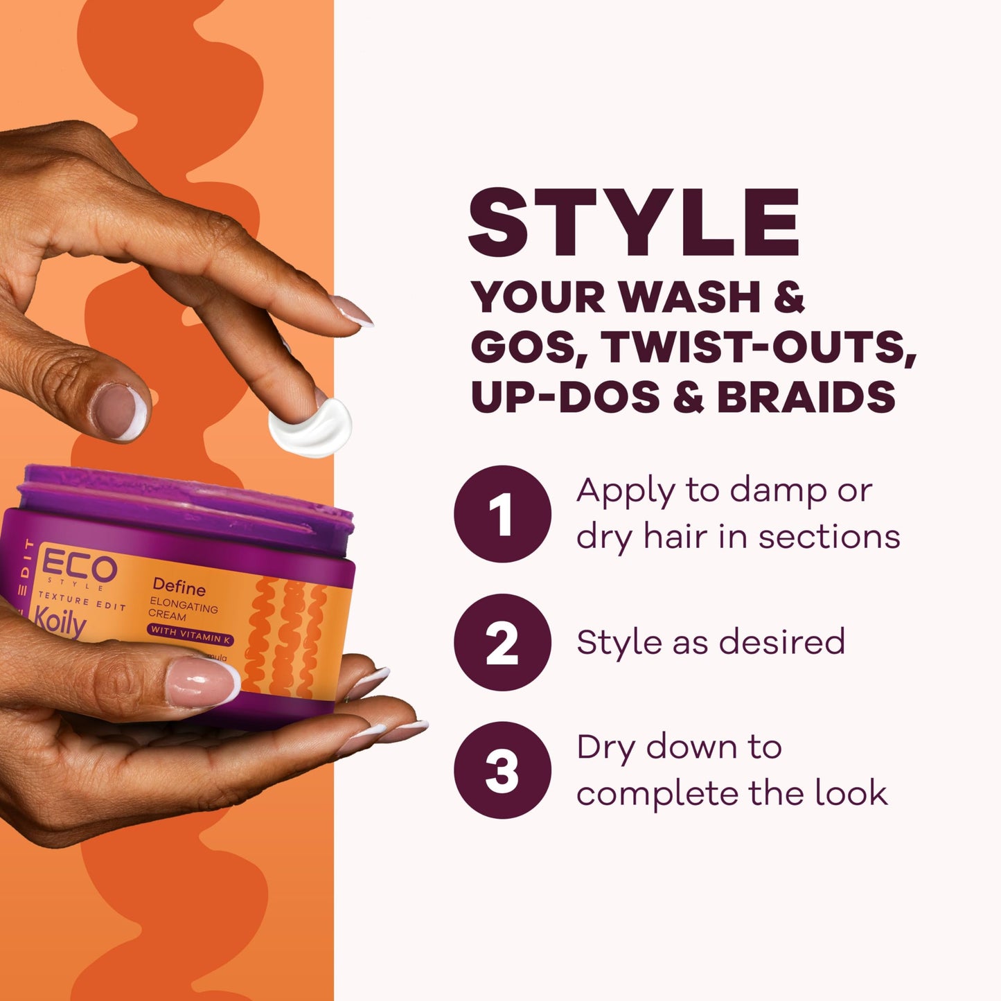Eco Style Elongating Cream, Texture Edit, Koily Define Gel Para Cabello for Type 4 curly hair, 6oz.
