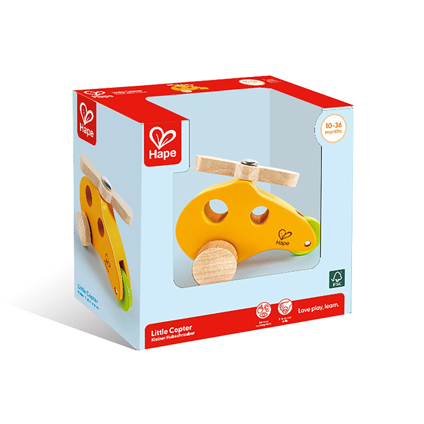 Hape Little Copter Wooden Toy Toddler Play Vehicle, L: 5, W: 2.6, H: 3.5 inch, Yellow