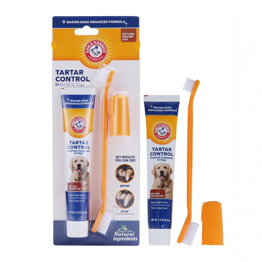 Arm & Hammer Dog Tartar Control Kit – Toothpaste, Toothbrush & Fingerbrush, Reduces Plaque, Safe for Puppies, Beef Flavor