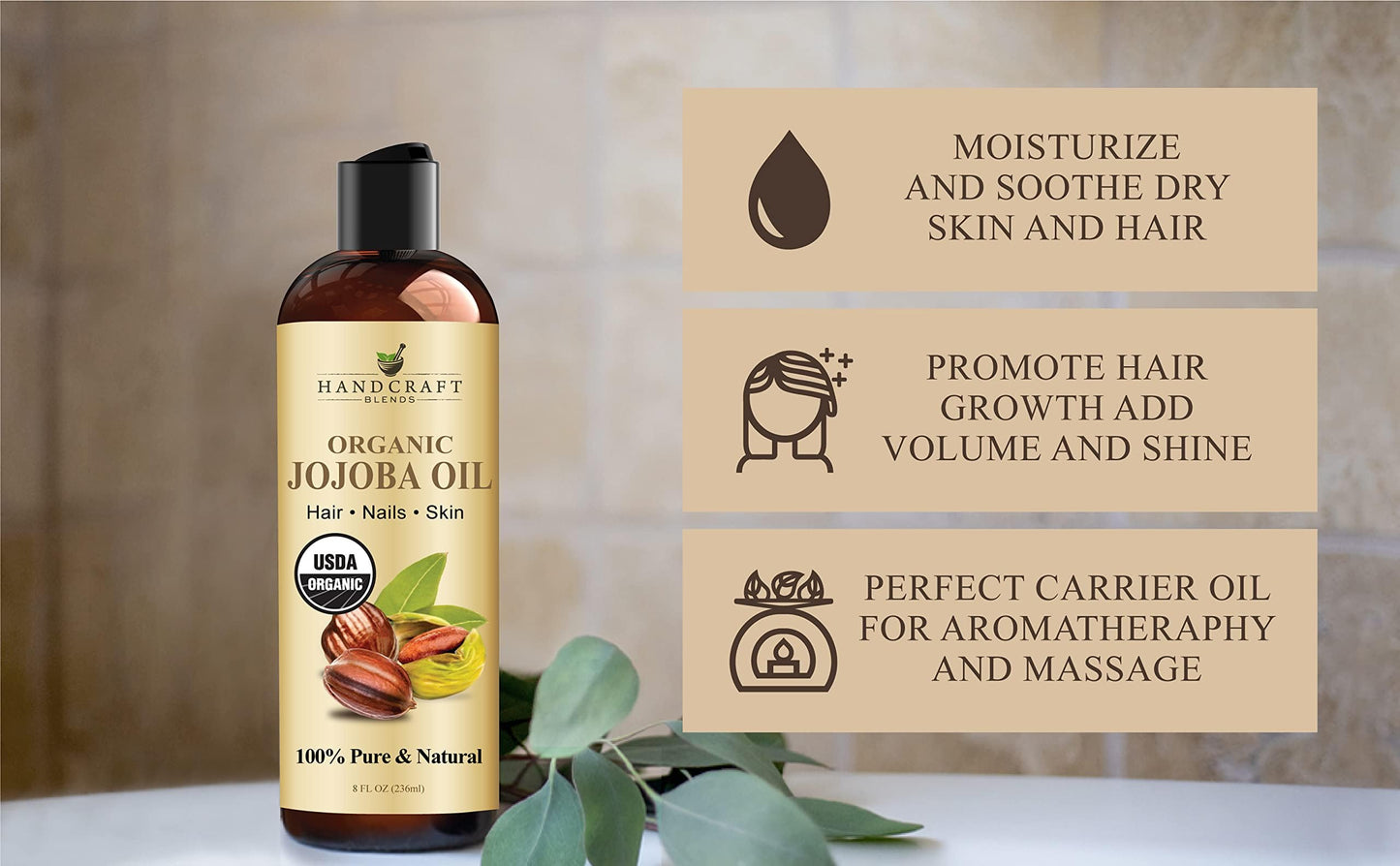 Handcraft Blends USDA Organic Jojoba Oil | Cold-Pressed | 8 Fl Oz | 100% Pure & Natural | for Hair, Skin & Face | Premium Grade Carrier Oil |