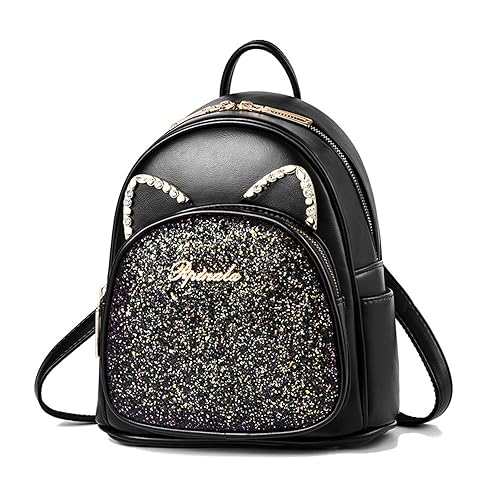 SCOFY FASHION Cartoon Cat Mini Cute Backpack Wallet For Women Leisure Small Backpack Daypack PU Leather Shoulder Bag, b-black, One Size