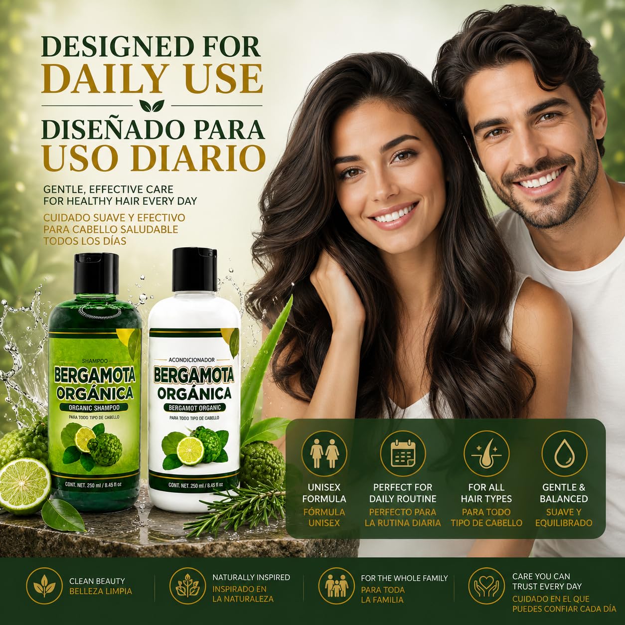 Shampoo Organic Bergamot + Conditioner (16.9 fl oz) with Aloe Vera & Rosemary | SHAMPOO ORGÁNICO BERGAMOTA con Sábila & Romero + Acondicionador - 500