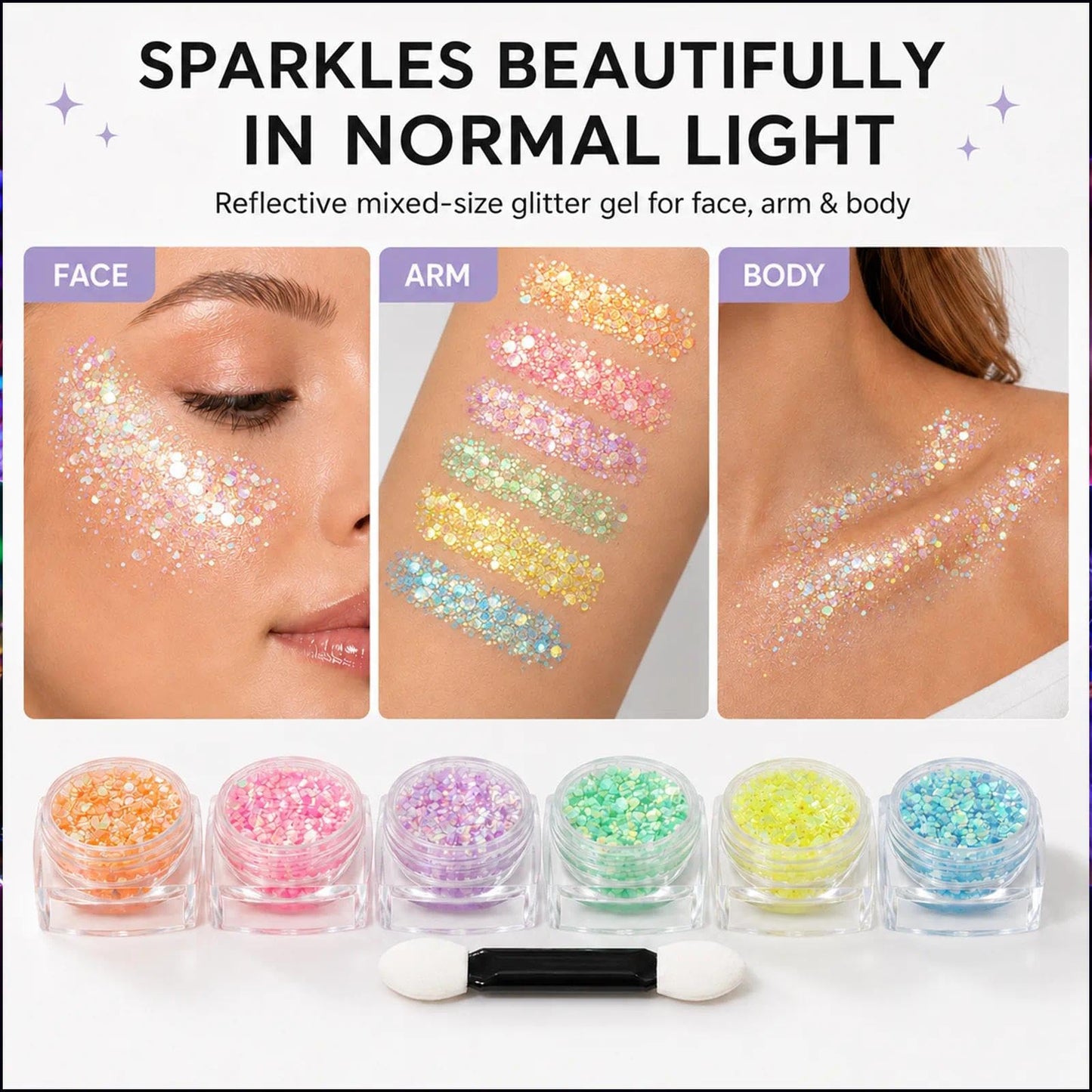 MiraWish 6 Colors Glow in The Dark Glitter Gel, Face & Body Glitter for Women, Neon Black Light Party Makeup, No Glue Needed, Easy Wash Off, Rave