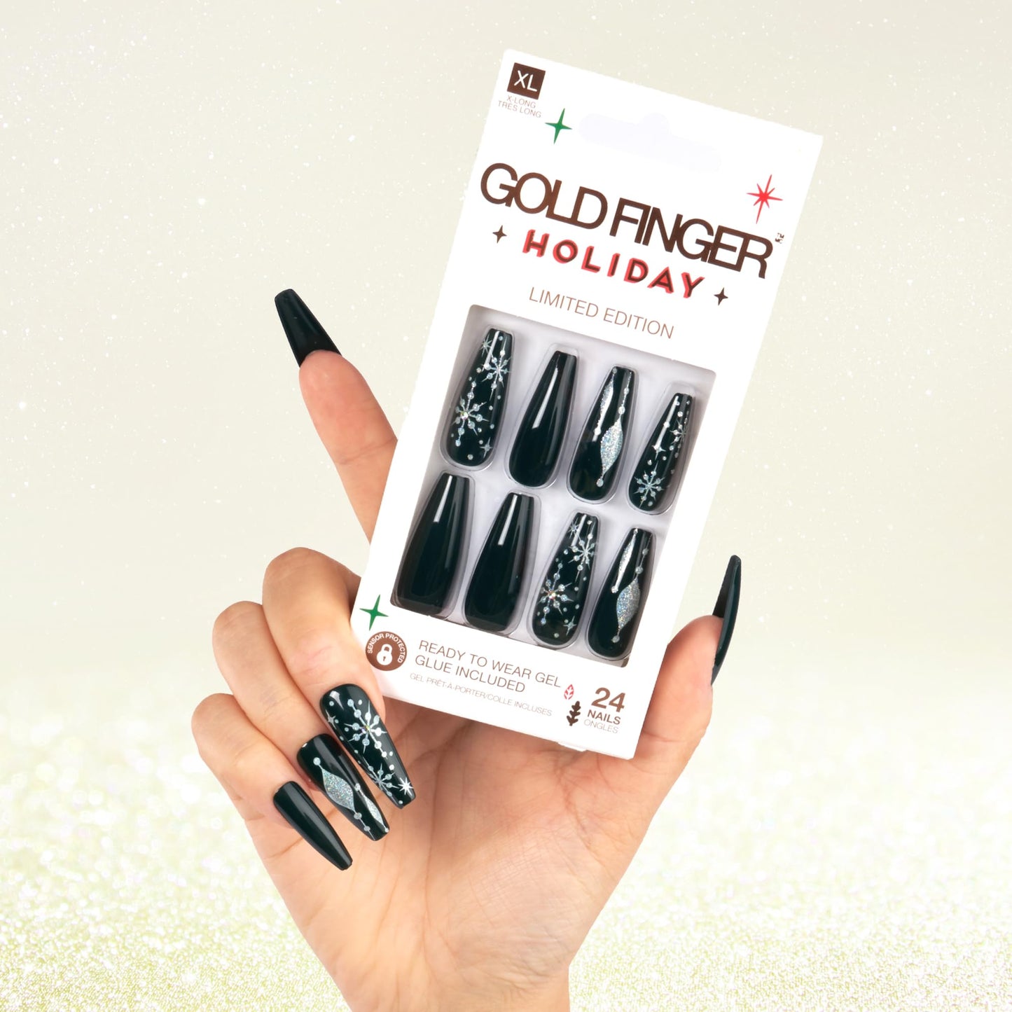 Goldfinger 24 Pcs Holiday Press On Nails - Christmas French Tip Square Coffin Oval Fake Nails, Long-Lasting Glossy Glitter Winter Seasonal Snow Flake Beauty & Personal Care Goldfinger
