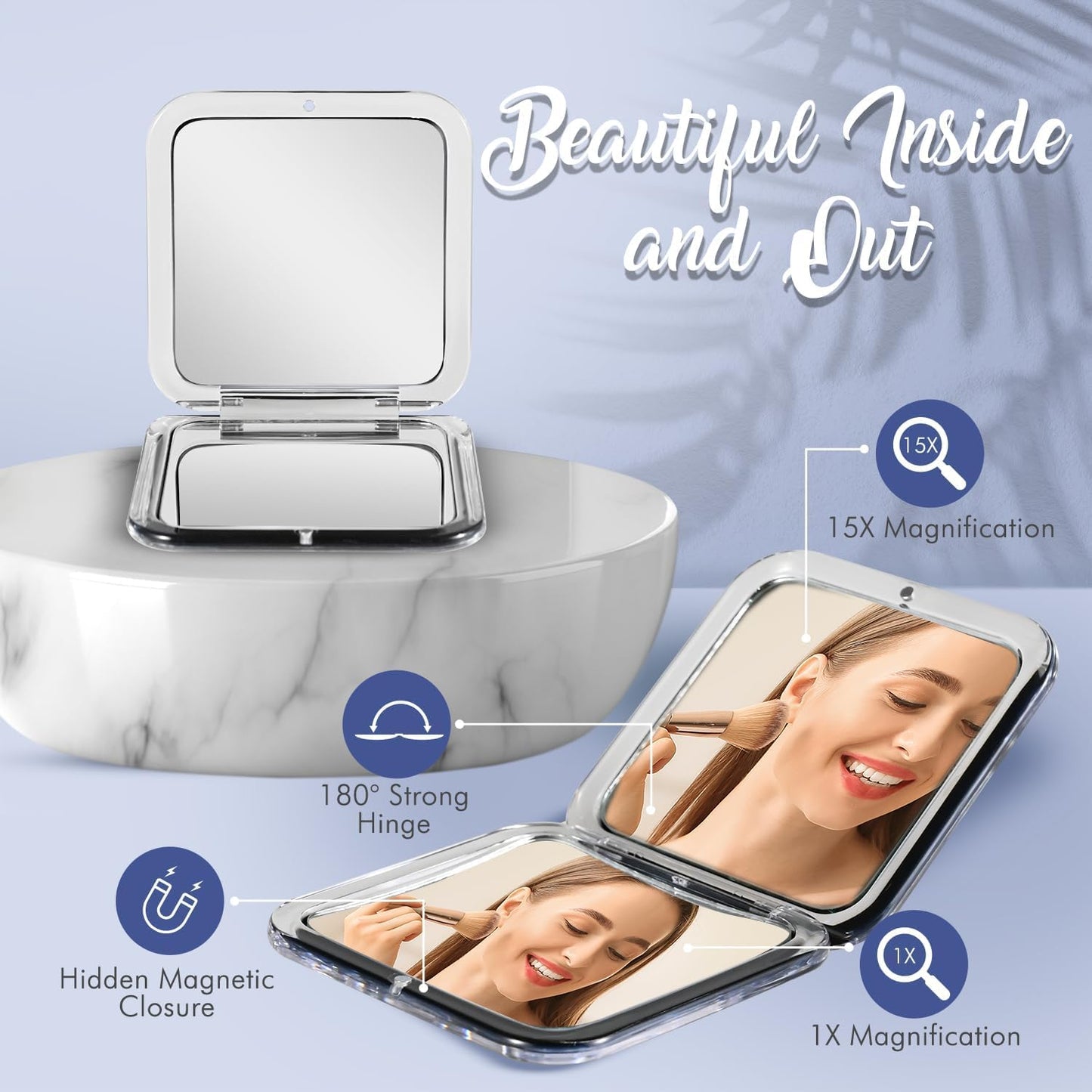 MIRRORVANA Small Compact 15X Magnifying Mirror for Travel - Handheld, Foldable & Lightweight - Mini Pocket-Sized Magnified Mirror for Purse - Square