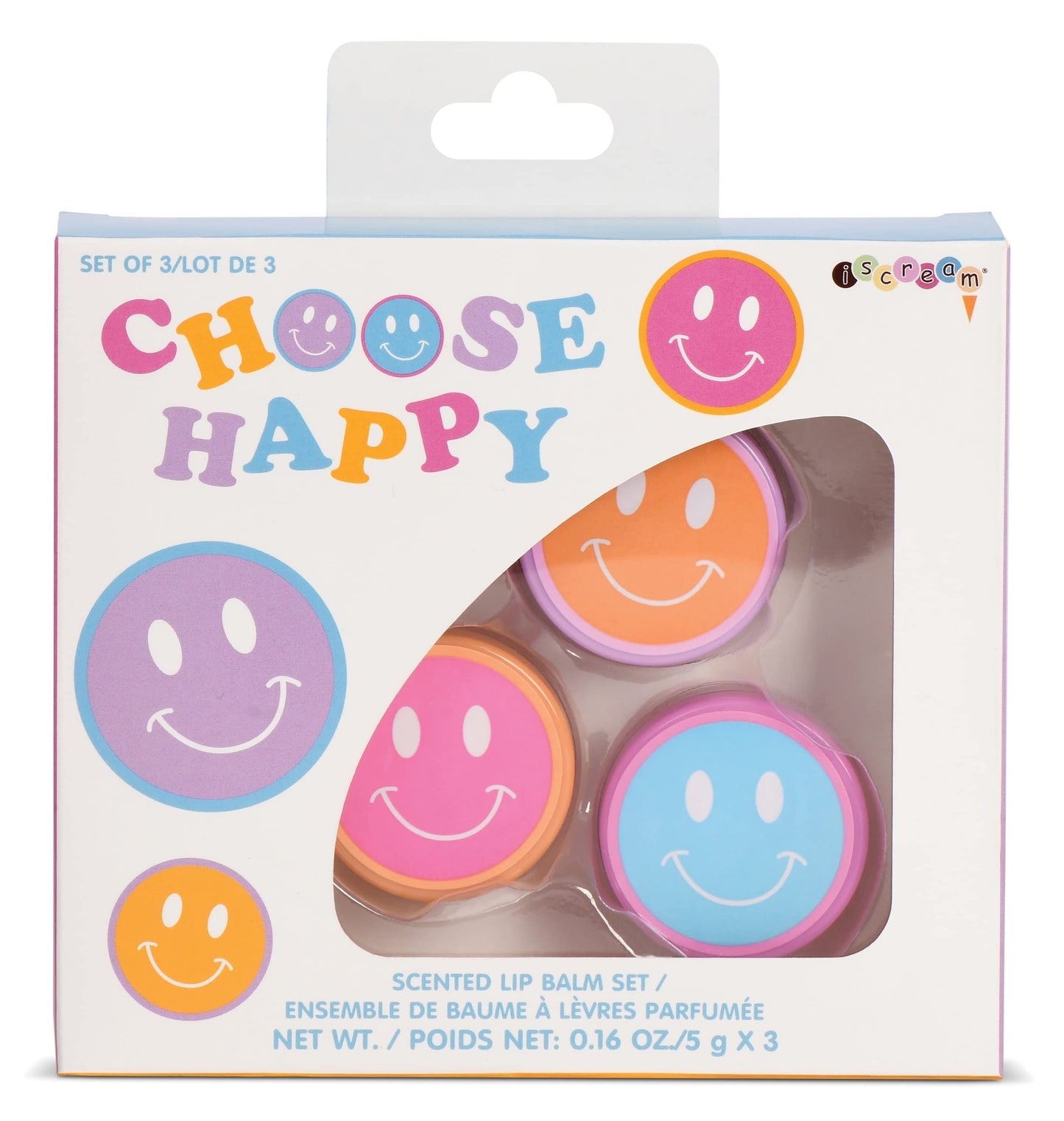 iscream Choose Happy Smiley Face Scented Classic Pot Style Set of 3 Lip Balms
