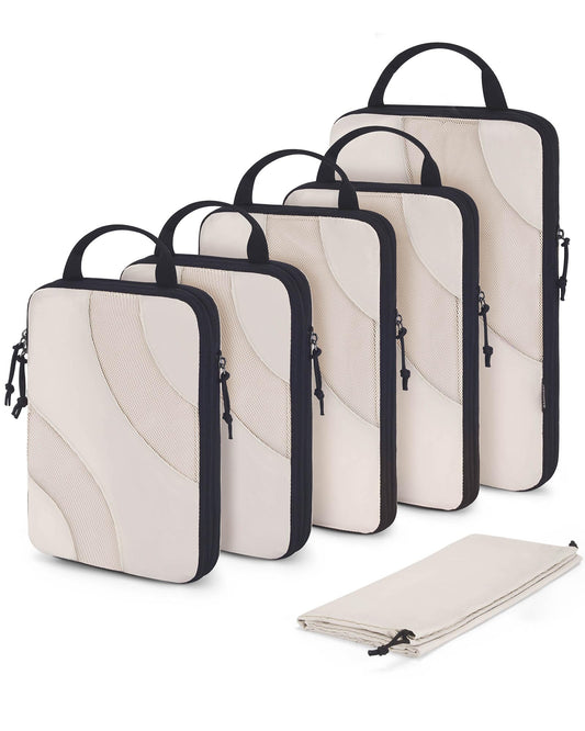 BAGSMART Compression Packing Cubes 6 Set – Lightweight Travel Suitcase Organizers Bag Set for Luggage, White Opal