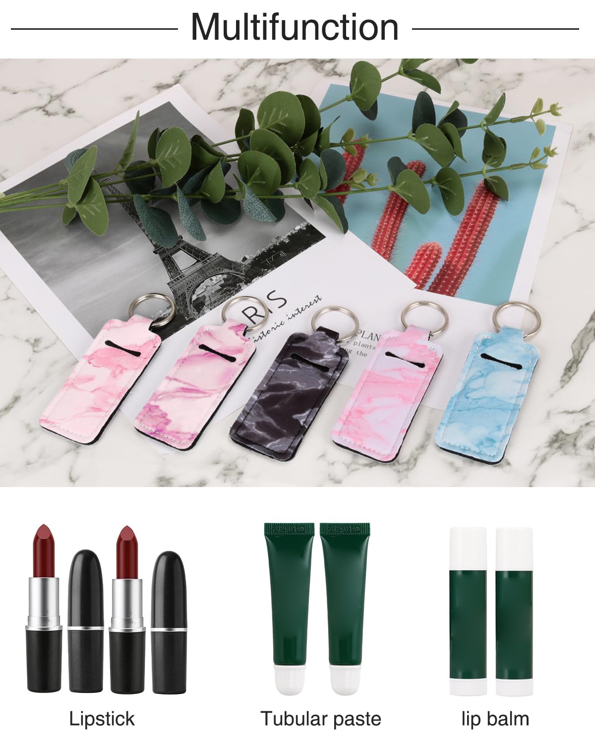 Meiiy Chapstick Holder Lip balm Holder Lipstick Sleeve Pouch Lip Gloss Holder With Hook 3 Pcs Marble Stocking Stuffers Gift for Women (3pcs)
