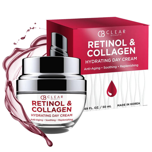 Clear Beauty Retinol & Collagen Face Moisturizer - Dermatologist Tested, Anti Aging Korean Skin Care - Firming Day Cream, Smooths Lines, Hydrates