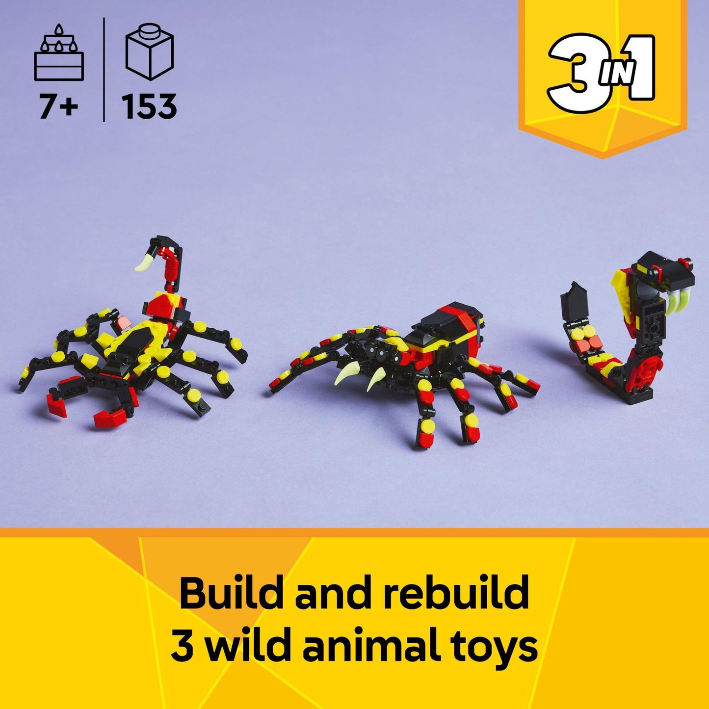 LEGO Creator 3 in 1 Wild Animals Surprising Spider 31159, Build Spider, Scorpion or Snake, Animal Figures Building Toy for Kids Ages 7+