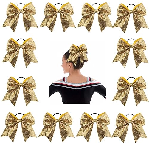 Oaoleer 12PCS 7'''' Large Glitter Cheer Hair Bows Ponytail Holder Elastic Band Handmade for Cheerleading Teen Girls College Sports (Gold),Kid
