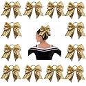 Oaoleer 12PCS 7'''' Large Glitter Cheer Hair Bows Ponytail Holder Elastic Band Handmade for Cheerleading Teen Girls College Sports (Gold),Kid