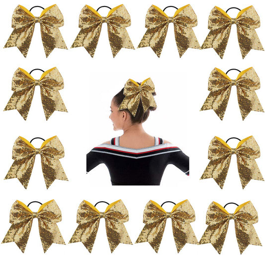 Oaoleer 12PCS 7'''' Large Glitter Cheer Hair Bows Ponytail Holder Elastic Band Handmade for Cheerleading Teen Girls College Sports (Gold),Kid