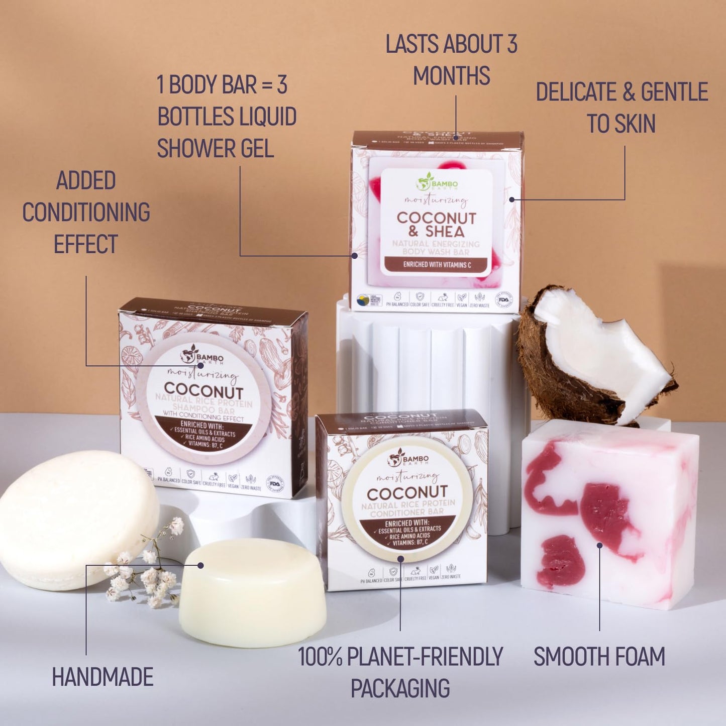 Solid Rice Protein Shampoo, Conditioner and Body Wash Bundle | Shampoo, Conditioner & Wash Bars For Hair and Body w/All Natural Plant Based Essential
