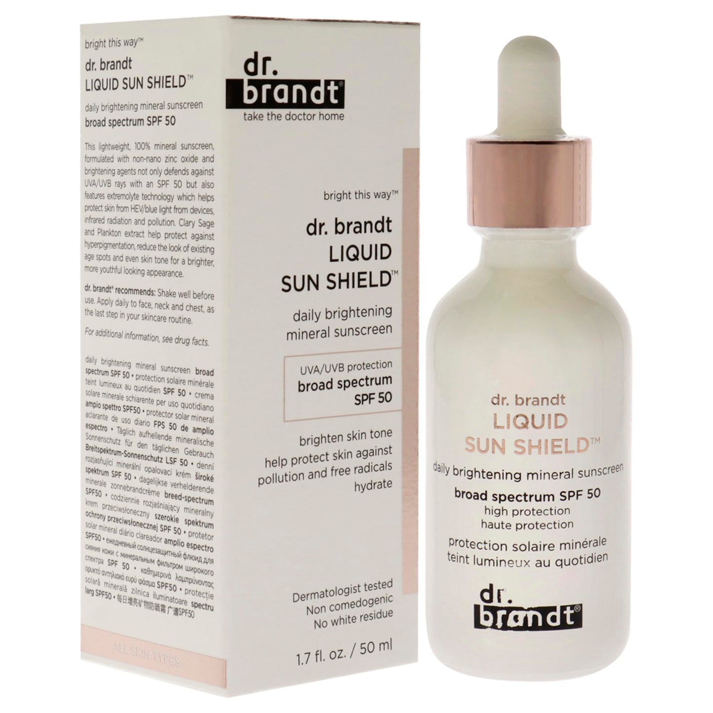 Dr. Brandt Liquid Sun Shield. SPF 50 UVA/UVB Mineral Face Sunscreen. HEV/Blue Light, Infrared and Pollution Protection. Non-Nano Zinc Oxide, Reef-Safe