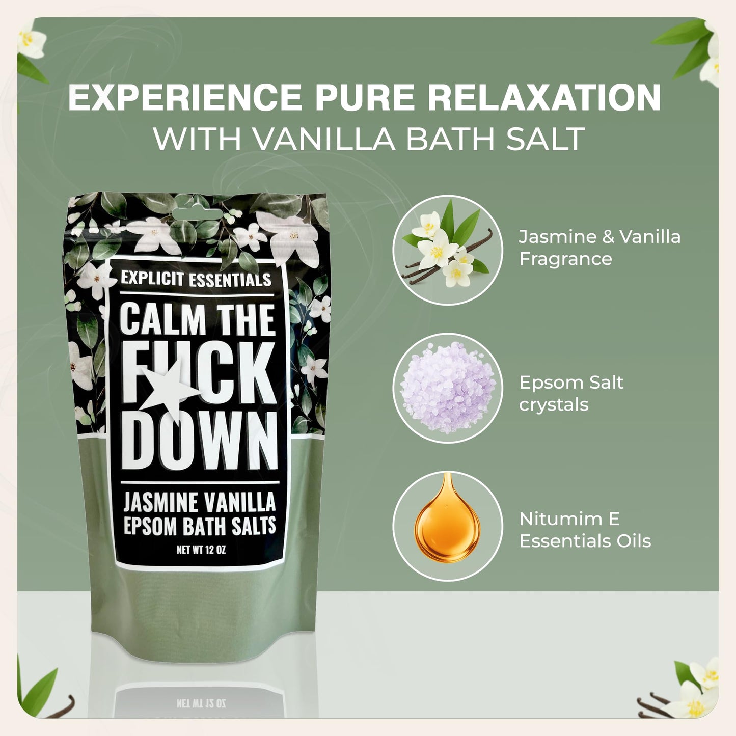 Explicit Essentials Jasmine Vanilla Epsom Bath Salts, Relaxation Blend, 12 oz Beauty and Personal Care Explicit Essentials
