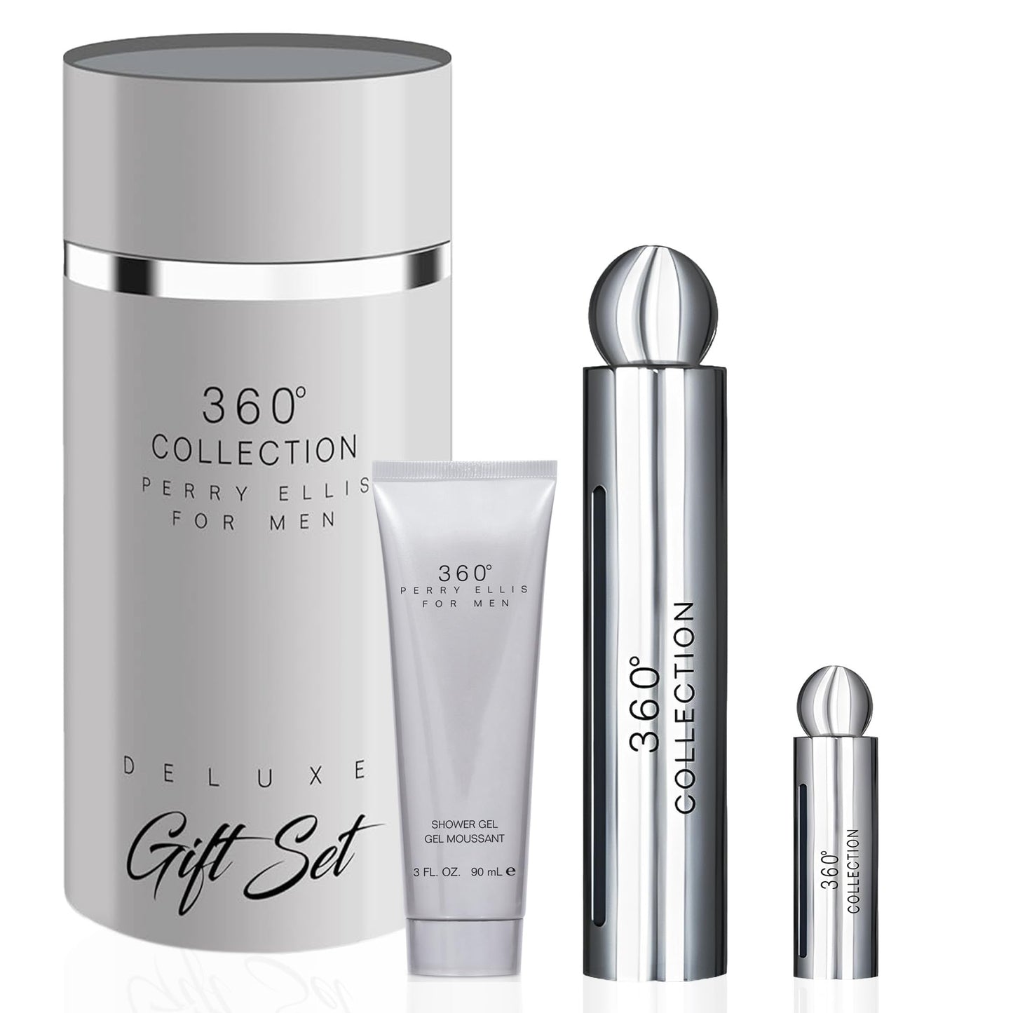 Perry Ellis 360° Collection for Men Gift Set - 3.4 fl oz Eau de Toilette, 3 oz Shower Gel, .25 fl oz EDT mini travel spray