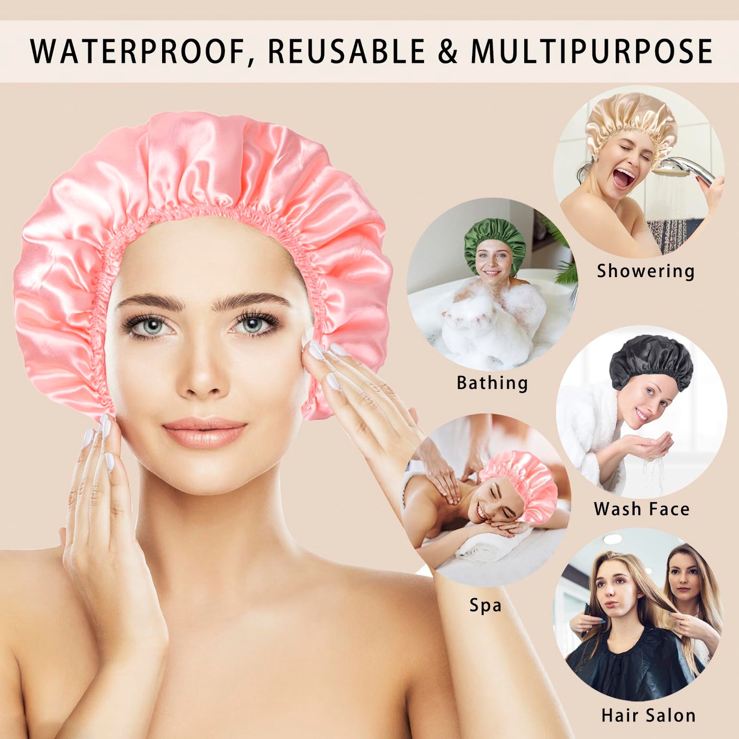 Shower Caps for Women, 4 PCS Elastic and Reusable Bath Caps, Double Layers Shower Cap Reusable Waterproof, Bathing Shower Caps, Environmental Bath Beauty and Personal Care CHFONG