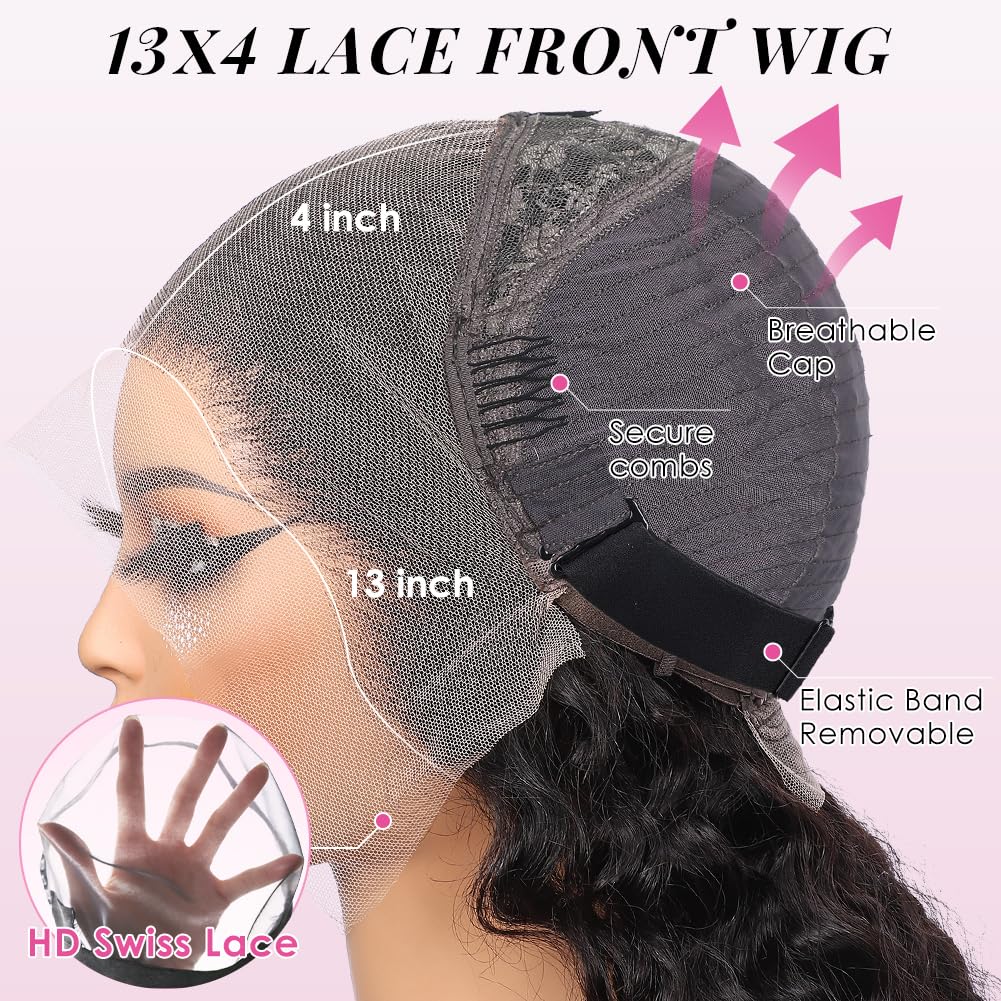 Alibeauty 13x4 HD Transparent Lace Front Human Hair Wigs Pre Plucked Hairline 200% Density 10A Brazilian Water Wave Lace Frontal Wigs with Baby