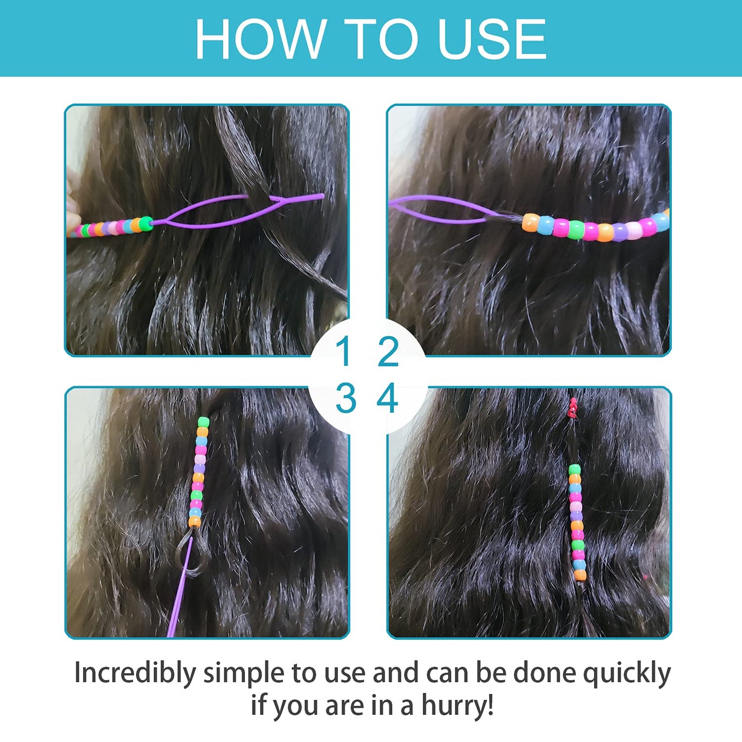Hoyols Quick Beader for Loading Beads - Braid Stringer Ponytail Maker, Hair Styling Tools Kit for Kids Girls Colorful (6pcs Multi Color w/beads)