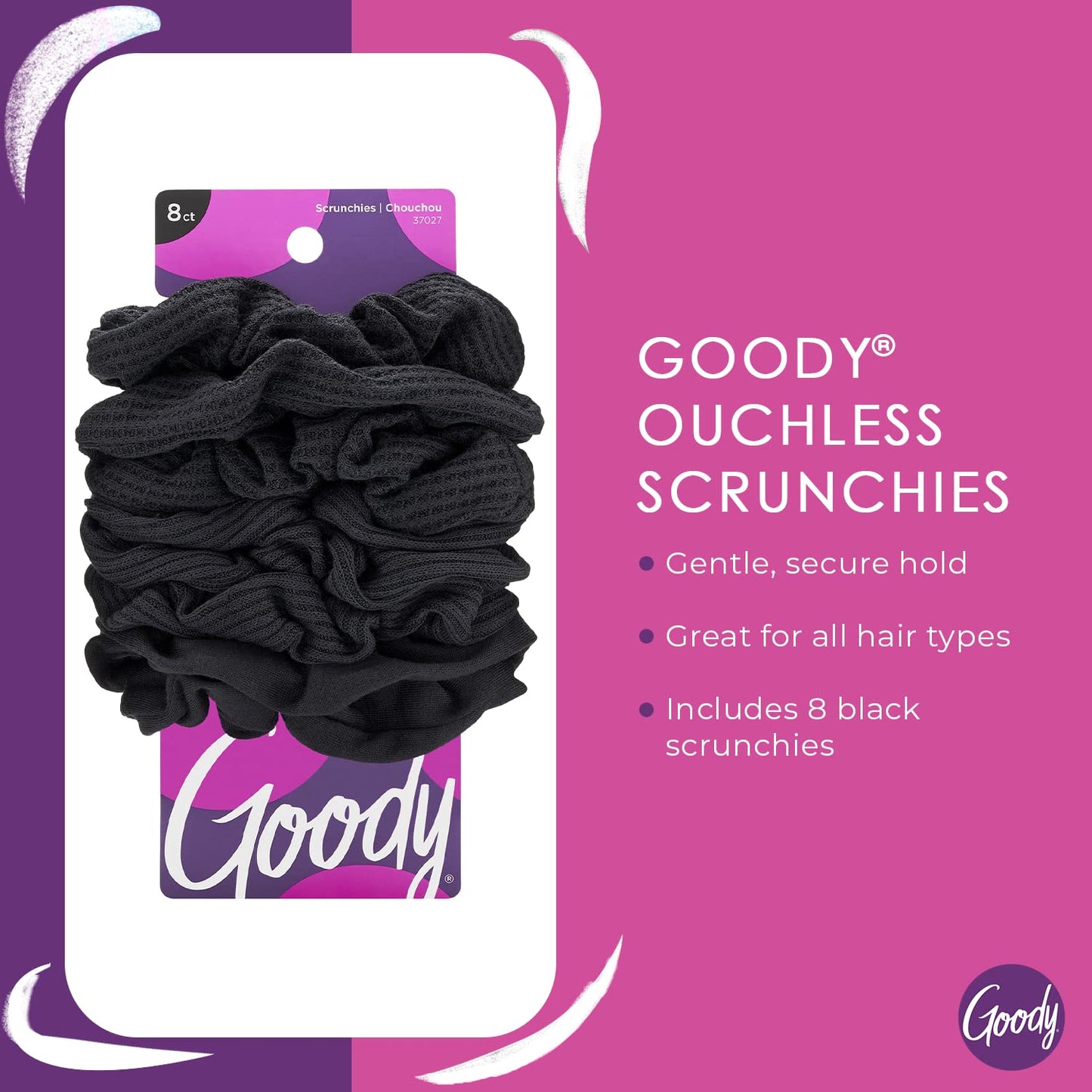 Goody Ouchless Scrunchies, 8 Count Black, Perfect Stocking Stuffer & Holiday Gift for Women & Girls, Gentle No-Damage Hair Accessories with Secure