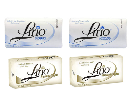2 Lirio Neutro and 2 Lirio Dermatologico (4 Pack Total) 180 g / 6.35 oz Soap Bars Dermatological Bathing Natural Original Mexican Smooth Soothing