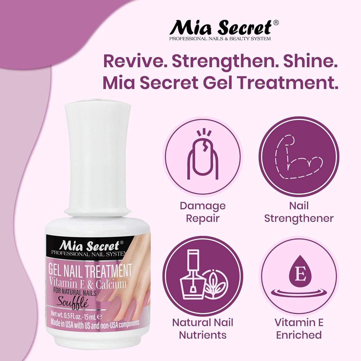 Mia Secret Gel Nail Treatment with Vitamin E and Calcium, 15ml - Nail Polish with Vitamin E and Calcium - Nail Repair and Strengthening Gel for Nails Beauty & Personal Care Mia Secret