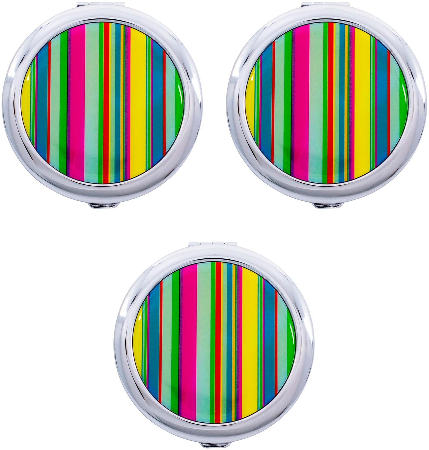 Stephanie Imports Set of 3 Double Sided Magnifying Round Compact Mirrors with Printed Insert (Colorful Stripes)
