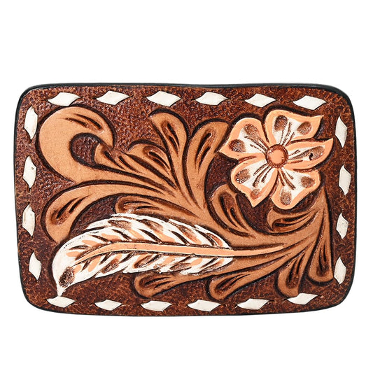 American Darling Floral Hand Carved Painted Belt Buckle Genuine Leather Covered Stylish Brown | Western
