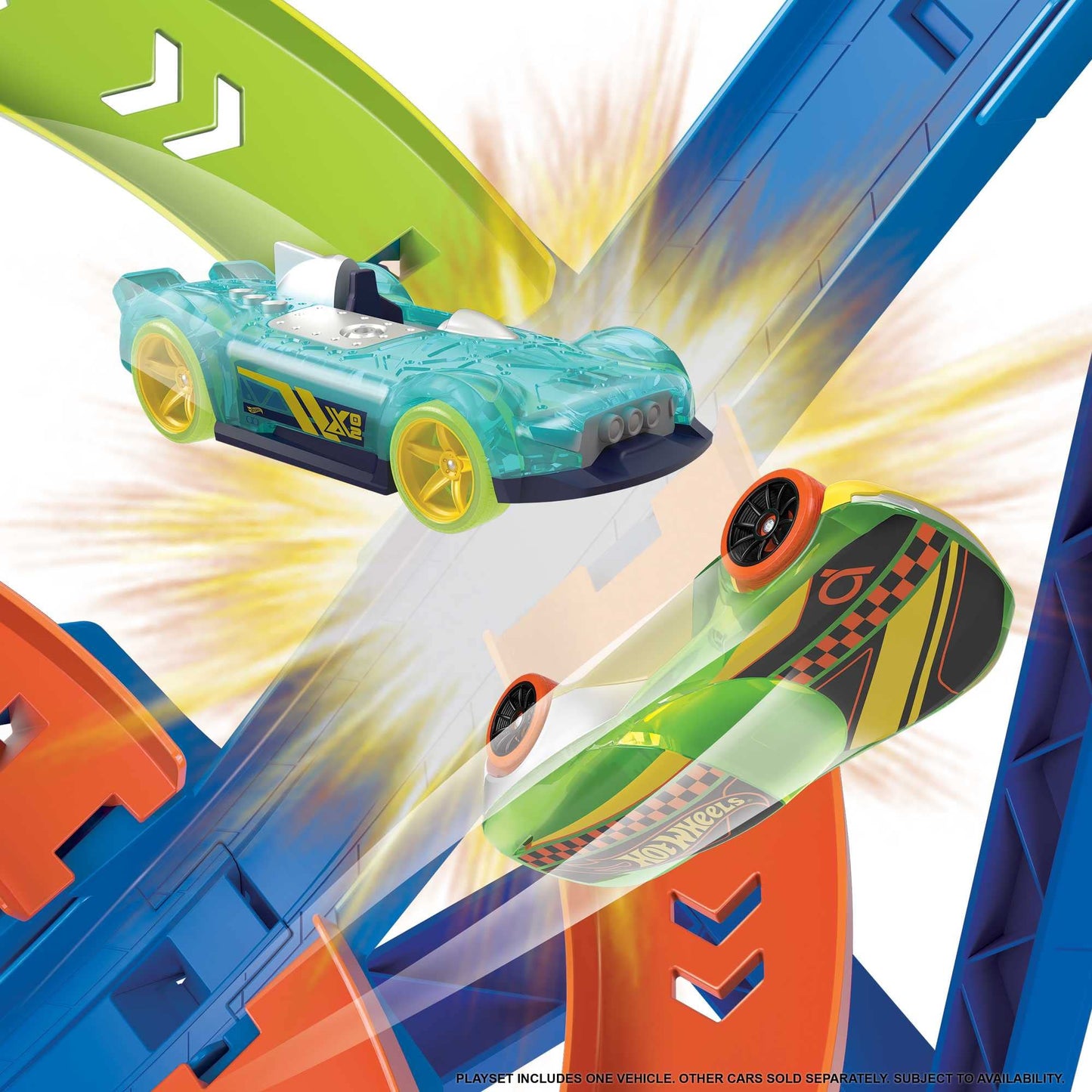 Hot Wheels Toy Car Track Set Spiral Speed Crash, Powered by Motorized Booster 29-in Tall Track with 1:64 Scale Toy Car