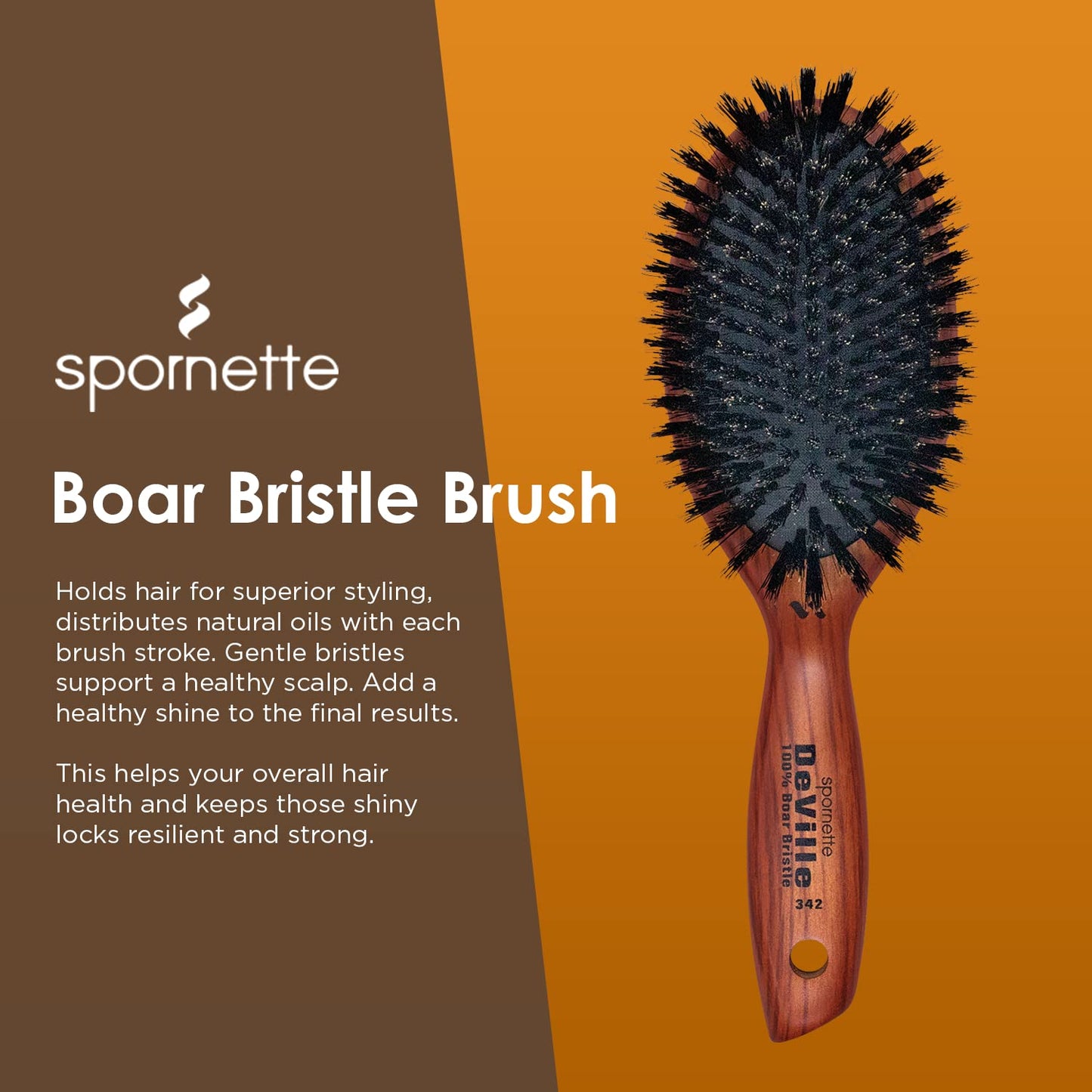 Spornette Deville Boar Bristle Wooden Paddle Hair Brush for Women - Cushion Oval Hair Straightening Brush for Blow Drying, Detangling, Smoothing