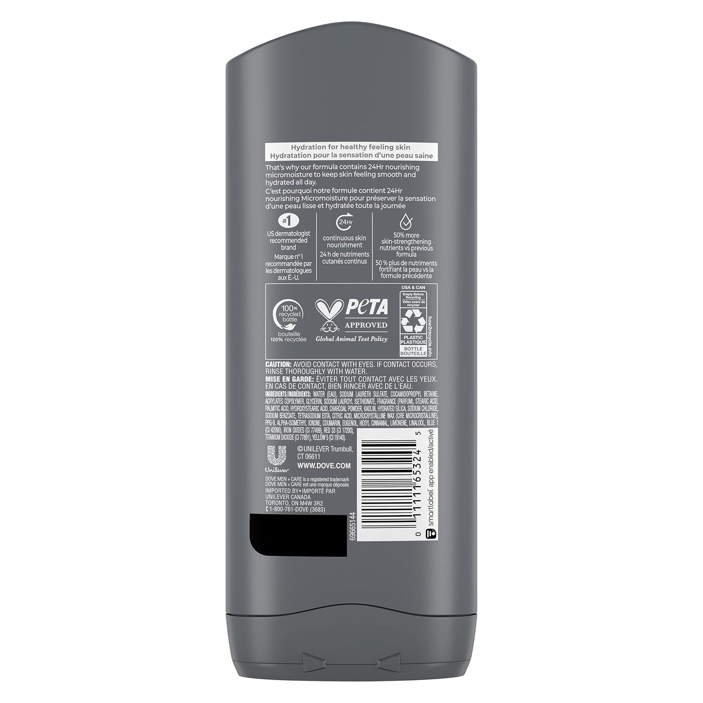 Dove Purifying Charcoal + Clay Body and Face Wash with 24-Hour Nourishing Micromoisture Technology Body Wash for Men, 13.5 oz