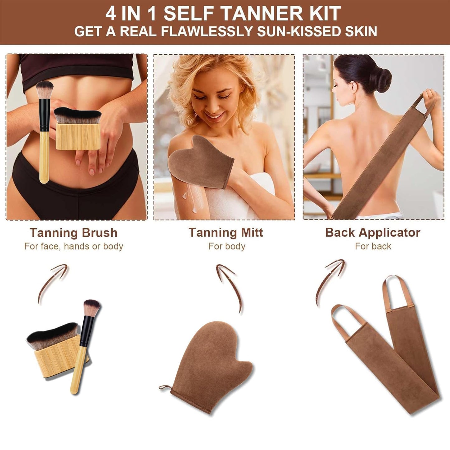 4 in 1 Luxury Velvet Tanning Mitt Self Tanning Mitt Applicator Self Tanner Brush Self Tanner Back Applicator Self Tanner Mitt Tanning Brush Tanning Beauty and Personal Care ANSPHIE