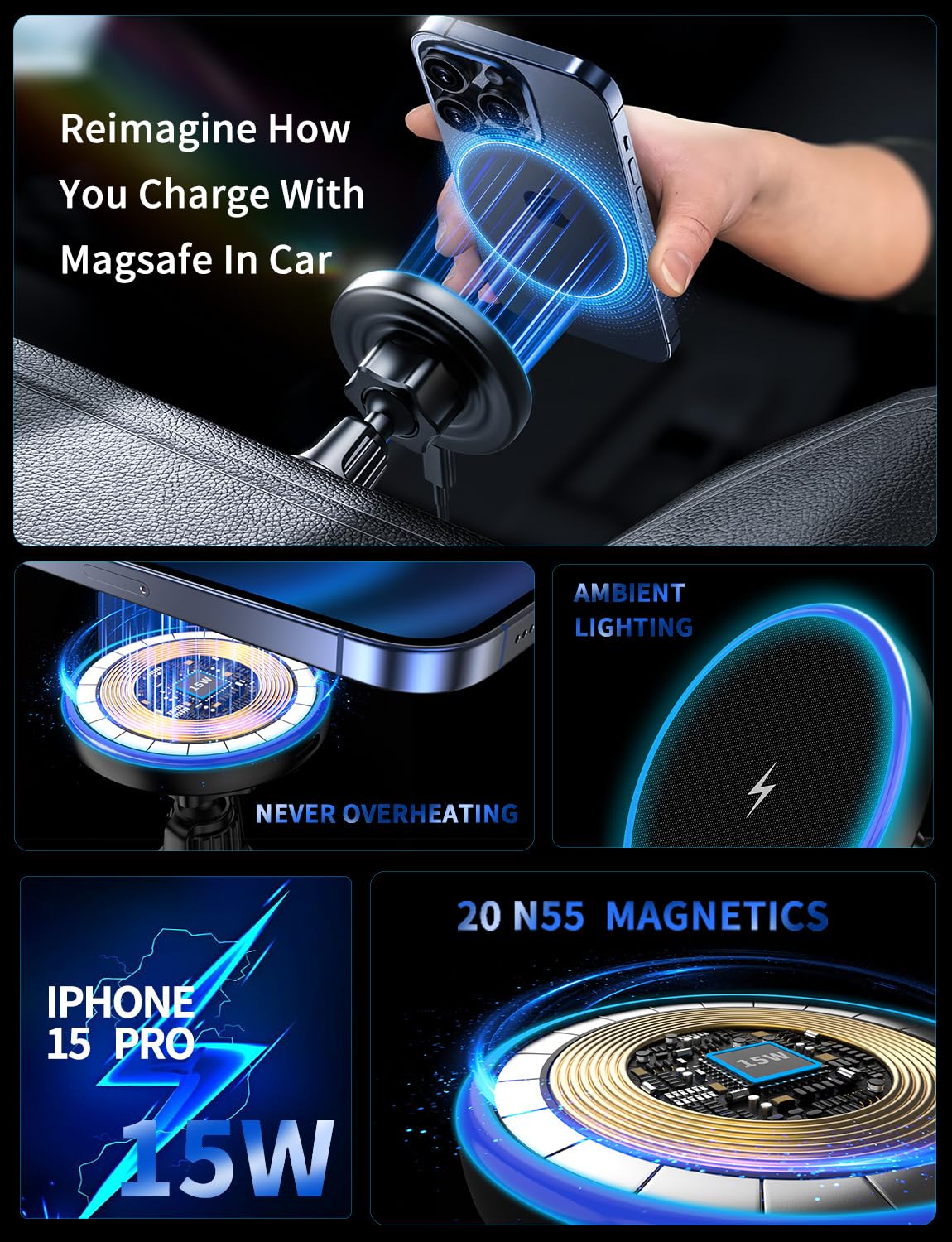 MagSafe Car Mount Charger, 3 in 1 [LED RGB HandsFree] Wireless Car Charger, Magnetic Phone Holders for Your Car- Fast Charging Car MagSafe Charger…