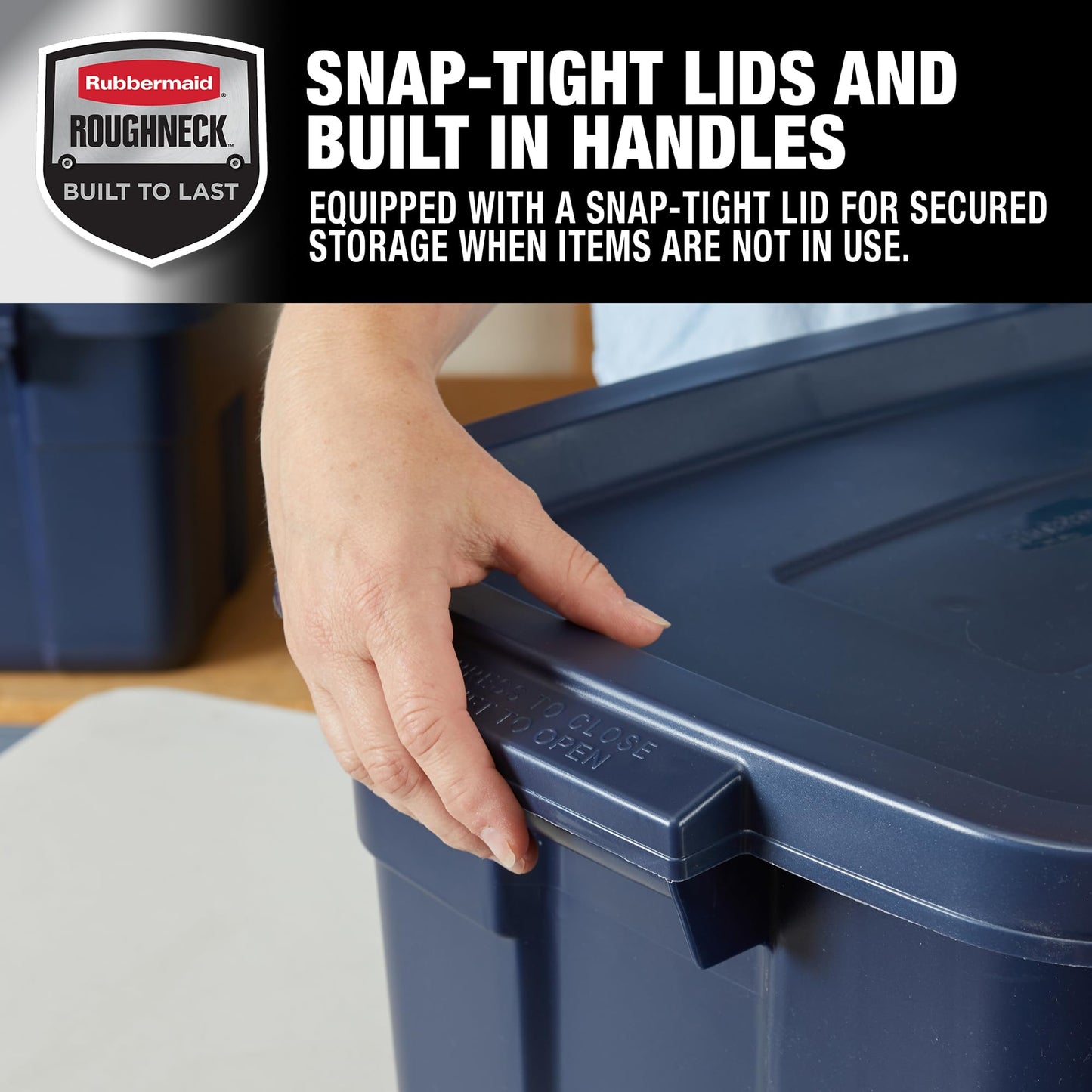 Rubbermaid Roughneck Tote 14 Gal, 6 Pack, Made in USA, Dark Indigo Metallic, Rugged Plastic Stackable Storage Bins with Lids and Handles