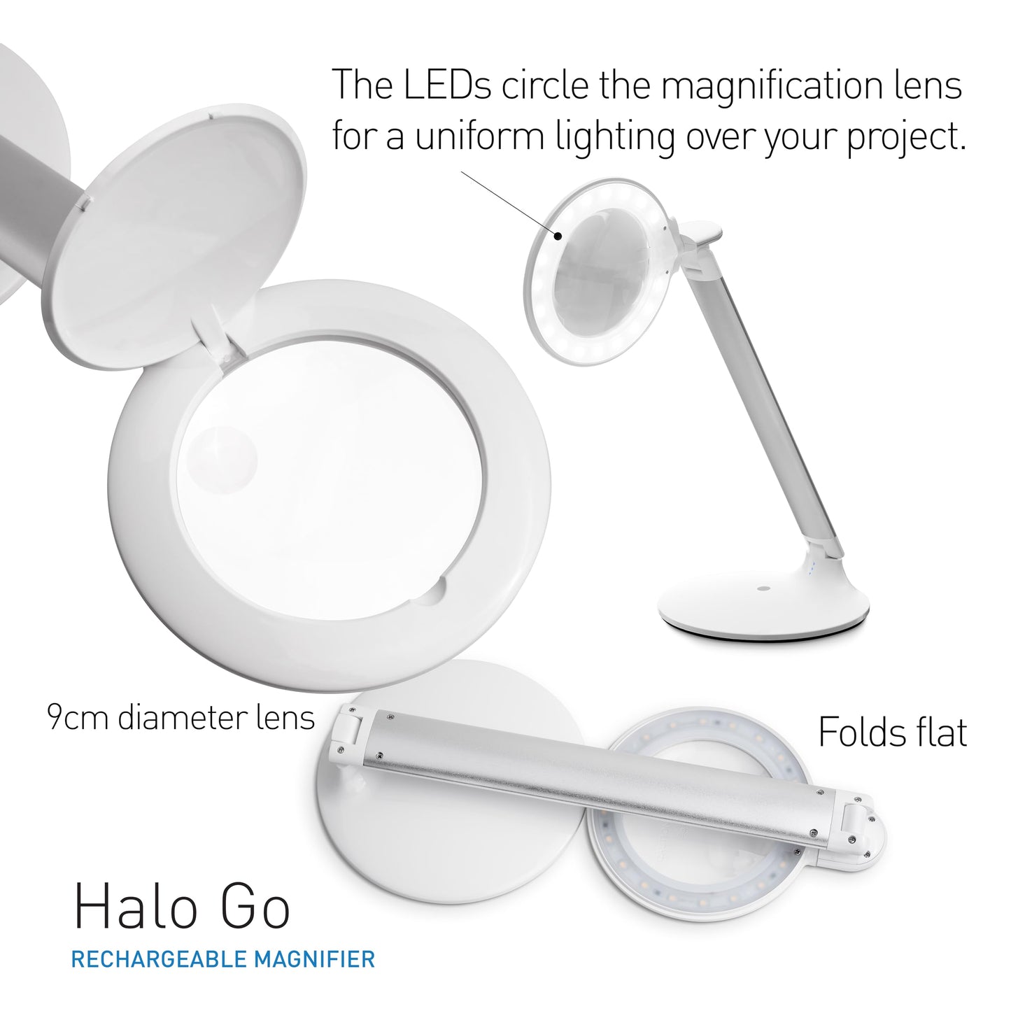 Daylight Company Halo Go Magnifier Lamp, Rechargeable USB, Portable, Lightweight, Desk Lamp Reading, Hobbies, Sewing, Crafts, Nail Salon, Handcrafts