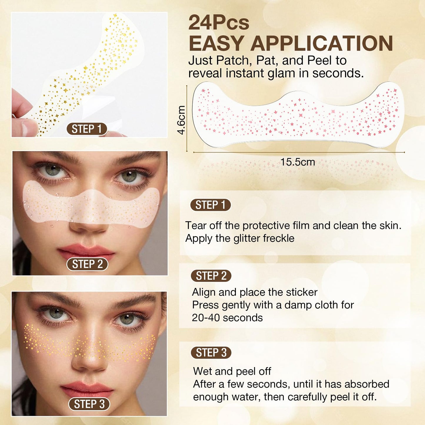 Wodelanle Glitter Freckles Face Tattoo, 24 Count Rose Gold Face Glitter Speckles Makeup Patches, Glow Up Makeup Patches, Cute Glitter Freckles Makeup
