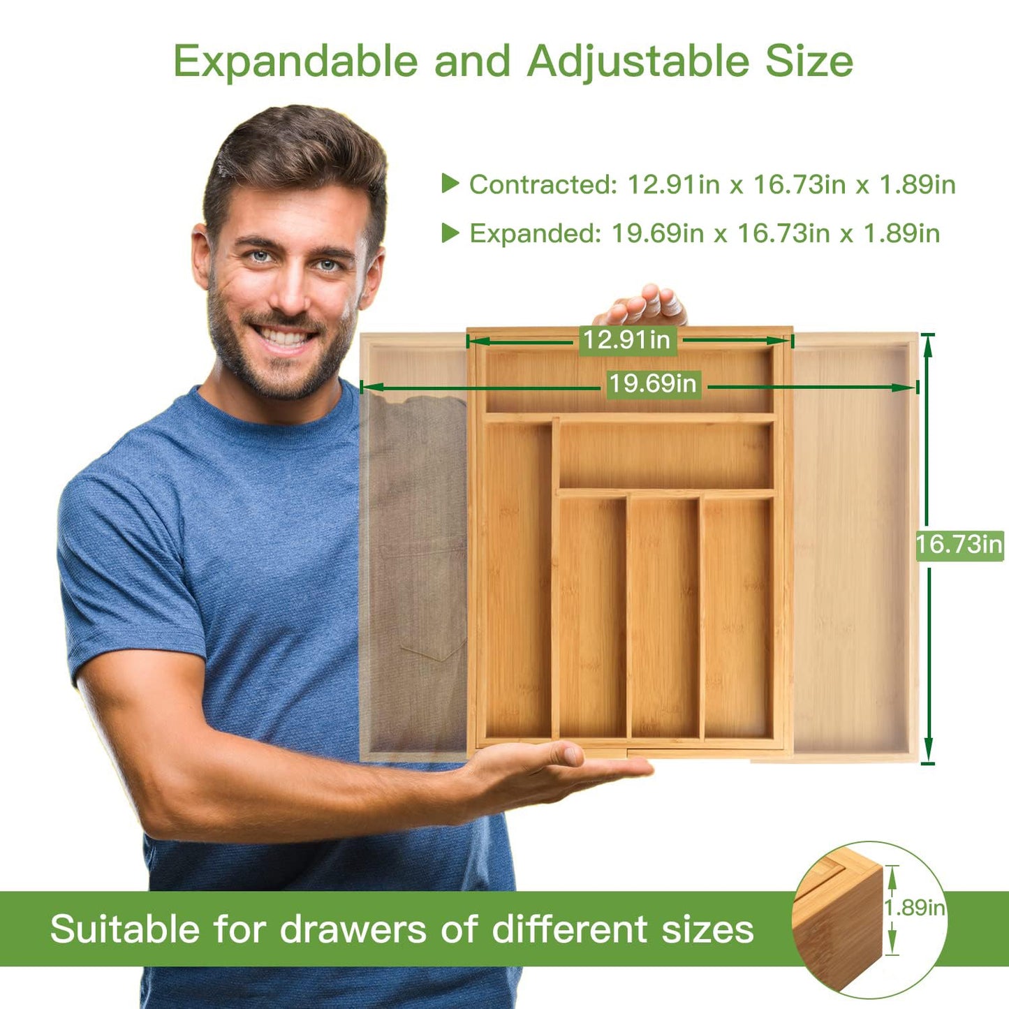 Pipishell Bamboo Expandable Silverware Organizer – Large Utensil Drawer Tray for Spoons, Forks, Knives & Multipurpose Kitchen Use, Natural