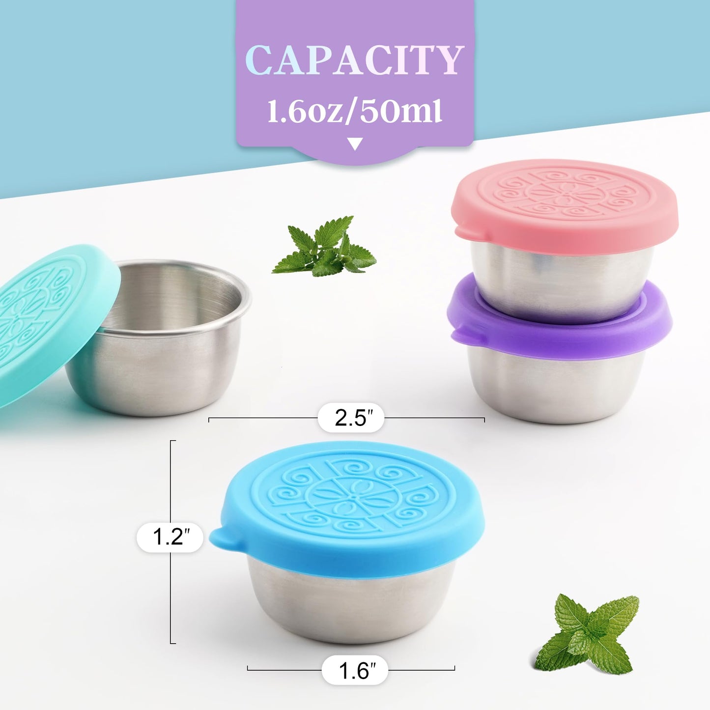 6-Pack 1.6oz Salad Dressing Containers with Lids, Leakproof Reusable Stainless Steel for Lunch Boxes, Sauces, Picnics, Travel & Kitchen Storage
